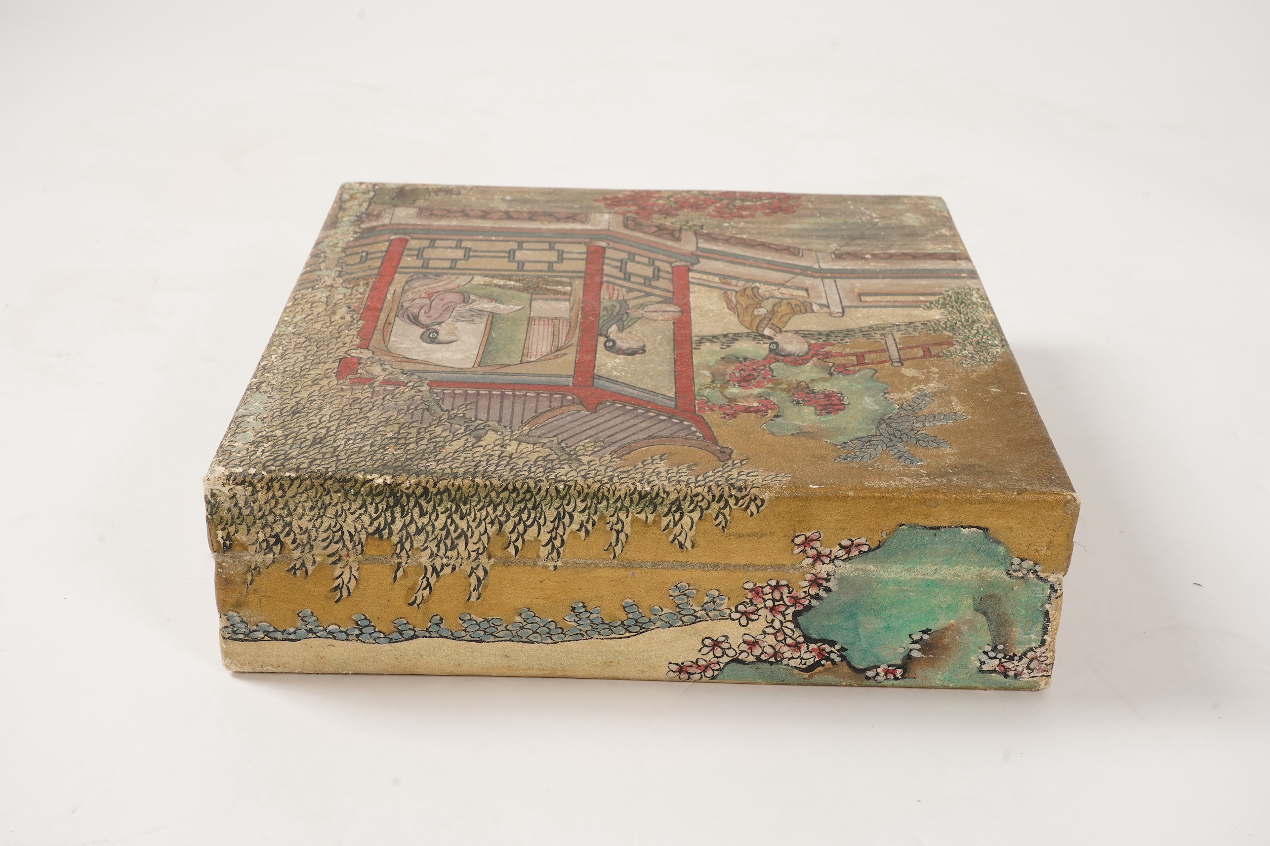 A collection of 19th/20th century Chinese embroidered silk spectacle cases and various spectacles, Box 33cm square
